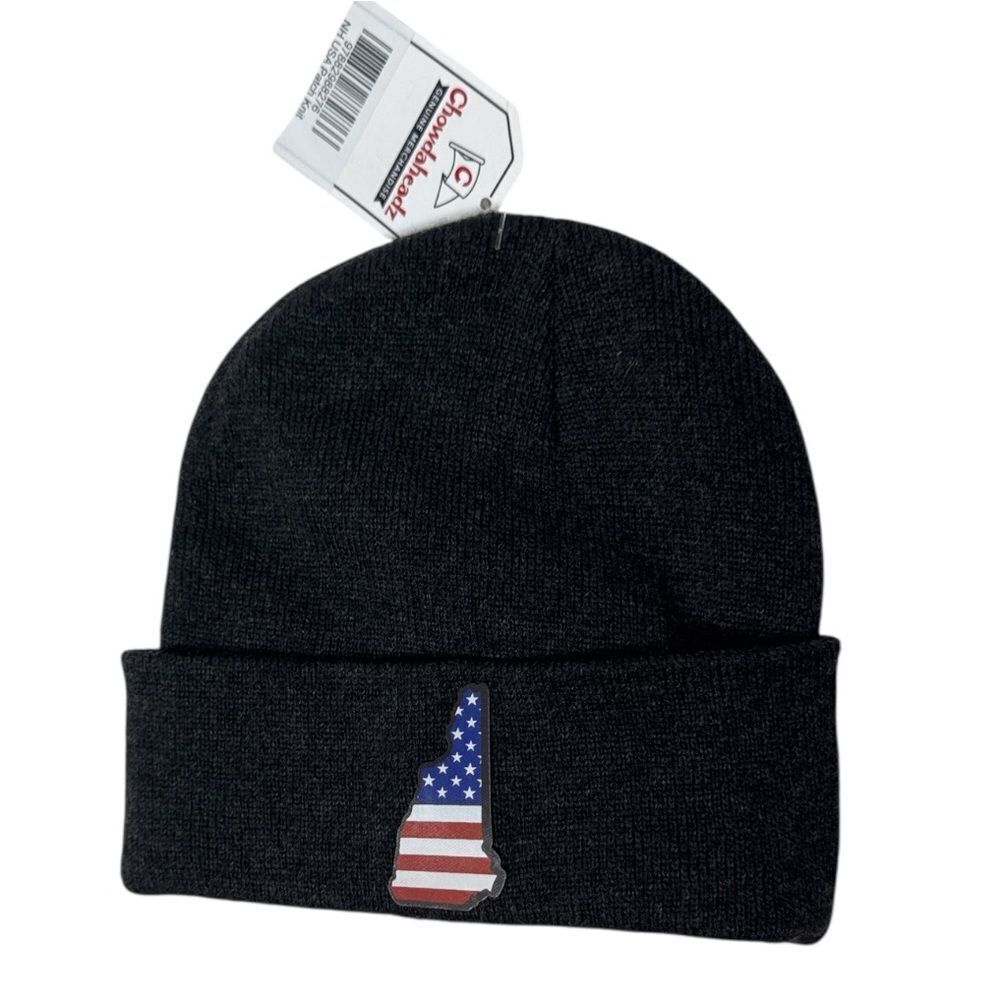 Chowdaheadz Black Beanie with New Hampshire USA Flag Patch. One Size.